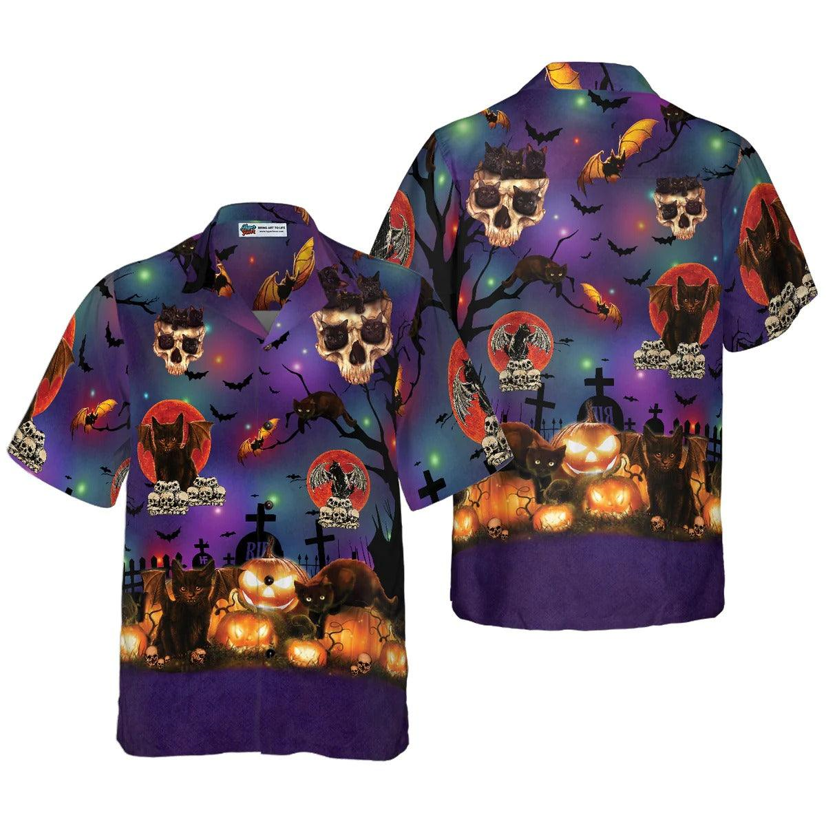 Black Cat Halloween Hawaiian Shirt, Skull Hawaiian Shirt, Pumpkin Hawaiian Shirt